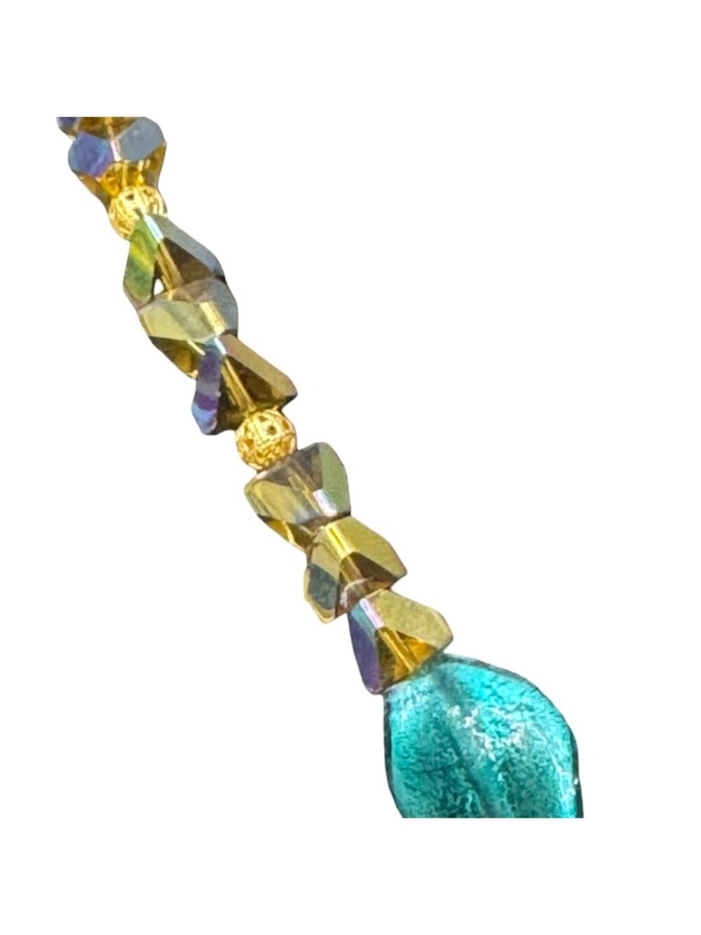 Vintage Green Glass Teal Heart Pendant Necklace AB Oil Spill Beads 24" Statement - Picture 8 of 10